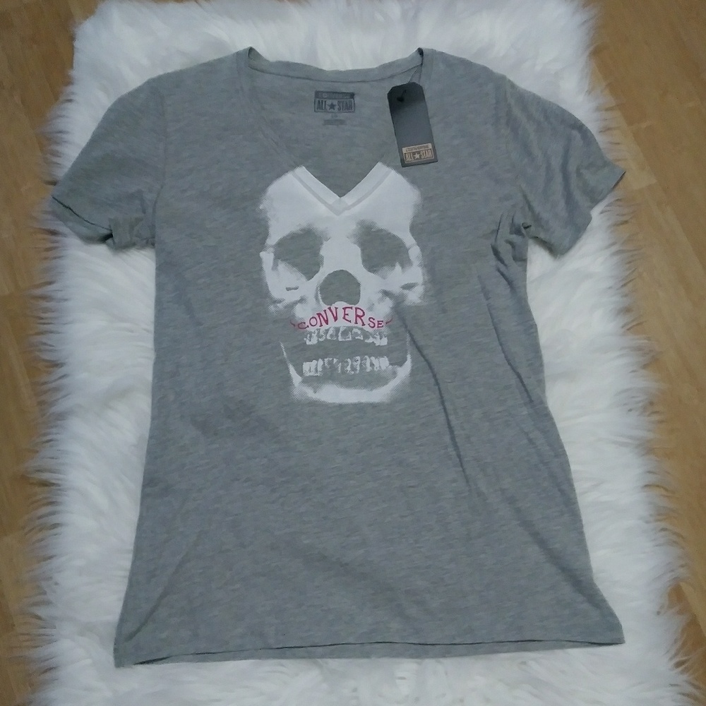NWT Converse Skull Pink Mustache V-Neck T-Shirt - Picture 3 of 4
